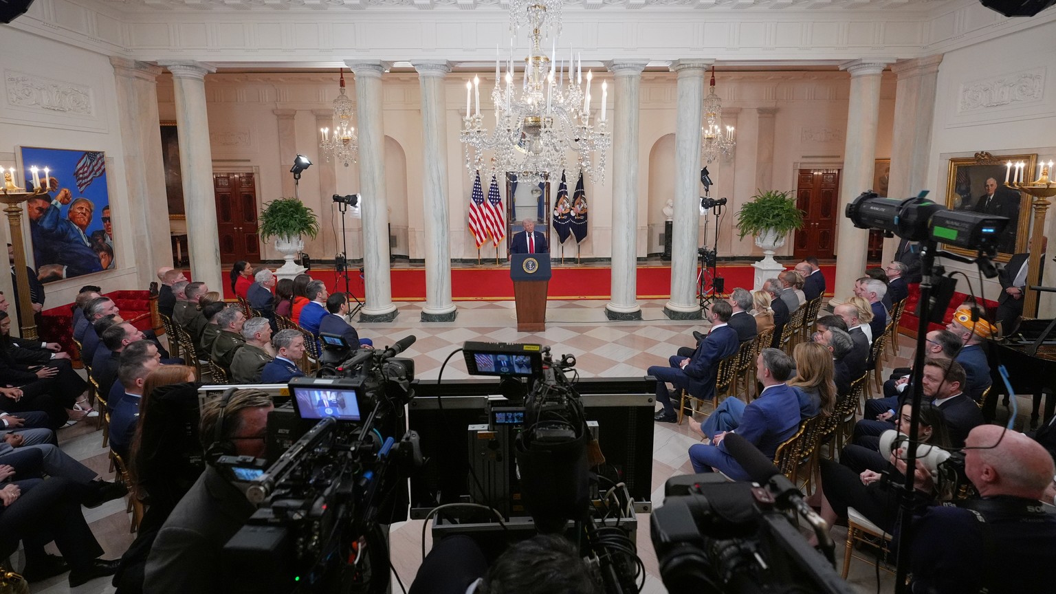 President Donald Trump speaks about the Iran war from the Cross Hall of the White House on Wednesday, April 1, 2026, in Washington. (AP Photo/Alex Brandon, Pool)
APTOPIX Trump Iran US