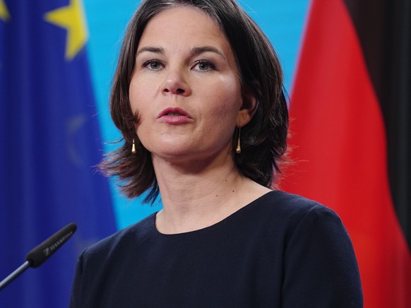 epa09697239 German Federal Minister for Foreign Affairs Annalena Baerbock and US Secretary of State Antony Blinken (not pictured) hold a joint press conference following their bilateral meeting on the ...