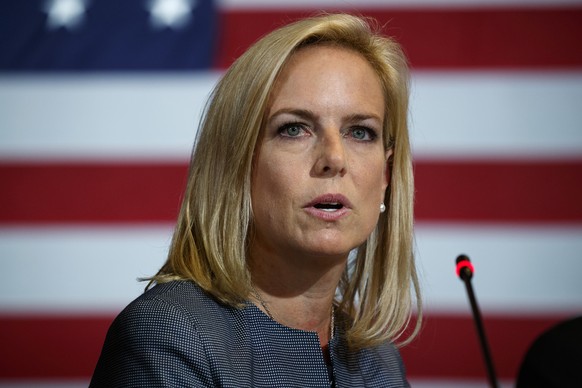 FILE - In this May 23, 2018 file photo, Secretary of Homeland Security Kirstjen Nielsen speaks during a roundtable on immigration policy with President Donald Trump at Morrelly Homeland Security Cente ...