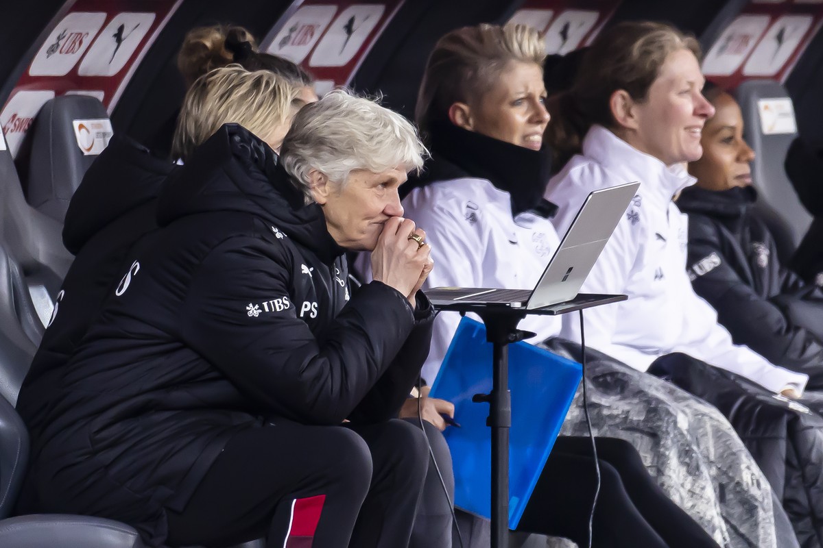 Switzerland's head coach Pia Sundhage during a women's international friendly soccer match between Switzerland and Germany at the Letzigrund stadium in Zurich, Switzerland on Friday, Novembe ...
