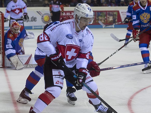 Switzerland&#039;s Jerome Bachofner during the Ice Hockey Deutschland Cup match between Switzerland and Russia at the Koenig Palast stadium in Krefeld, Germany, on Sunday, November 11, 2018. (KEYSTONE ...