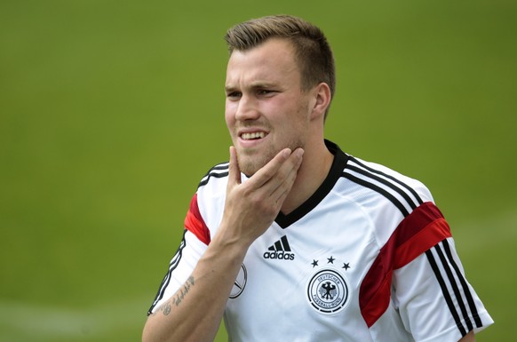 German national soccer player Kevin Grosskreutz reacts during a test match against the German U20 soccer team in St. Martin, northern Italy, May 25, 2014. The German national soccer team&#039;s traini ...