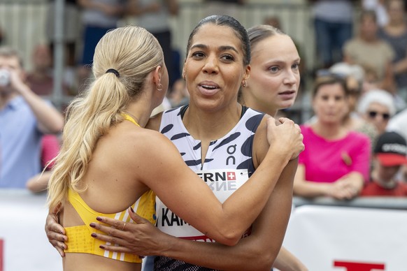 Mujinga Kambundji, centre, from Switzerland during the Women 100m race at the International Athletics Meeting in Lucerne, Switzerland, Tuesday, July, 16, 2026. (KEYSTONE/Urs Flueeler)