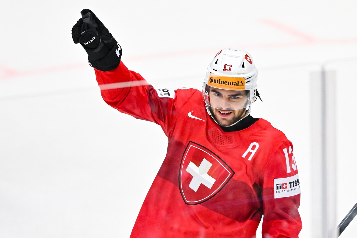 epa11363478 Nico Hischier of Switzerland celebrates after scoring the 2-0 goal during the IIHF Ice Hockey World Championship 2024 quarter-final match between Switzerland and Germany, in Ostrava, Czech ...