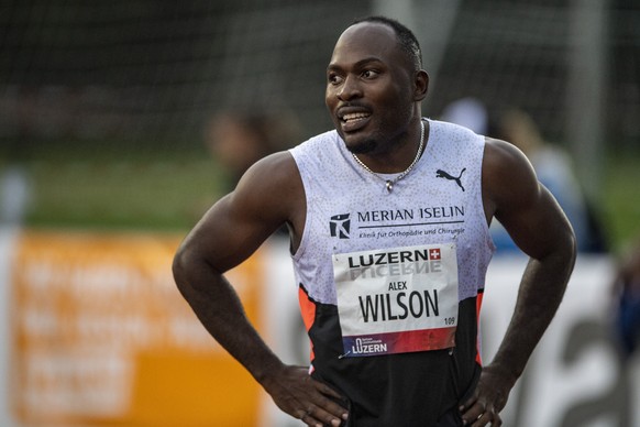 Alex Wilson from Switzerland during the Men 100m race at the International Athletics Meeting in Lucerne, Switzerland, Tuesday, June 29, 2021. (KEYSTONE/Urs Flueeler)
