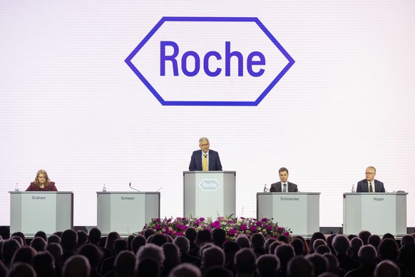 KEYPIX - Teresa Graham, CEO Roche Pharmaceuticals, Chairman of the Board Severin Schwan, Thomas Schinecker, CEO Roche Group, and CFO Alan Hippe, from left, attend the Annual General Meeting in Basel,  ...