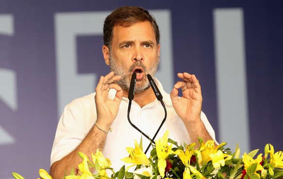 epa11253073 Congress leader Rahul Gandhi speaks during the rally of Indian National Developmental Inclusive Alliance (I.N.D.I.A), a multi-party political alliance of 40 political parties against rulin ...