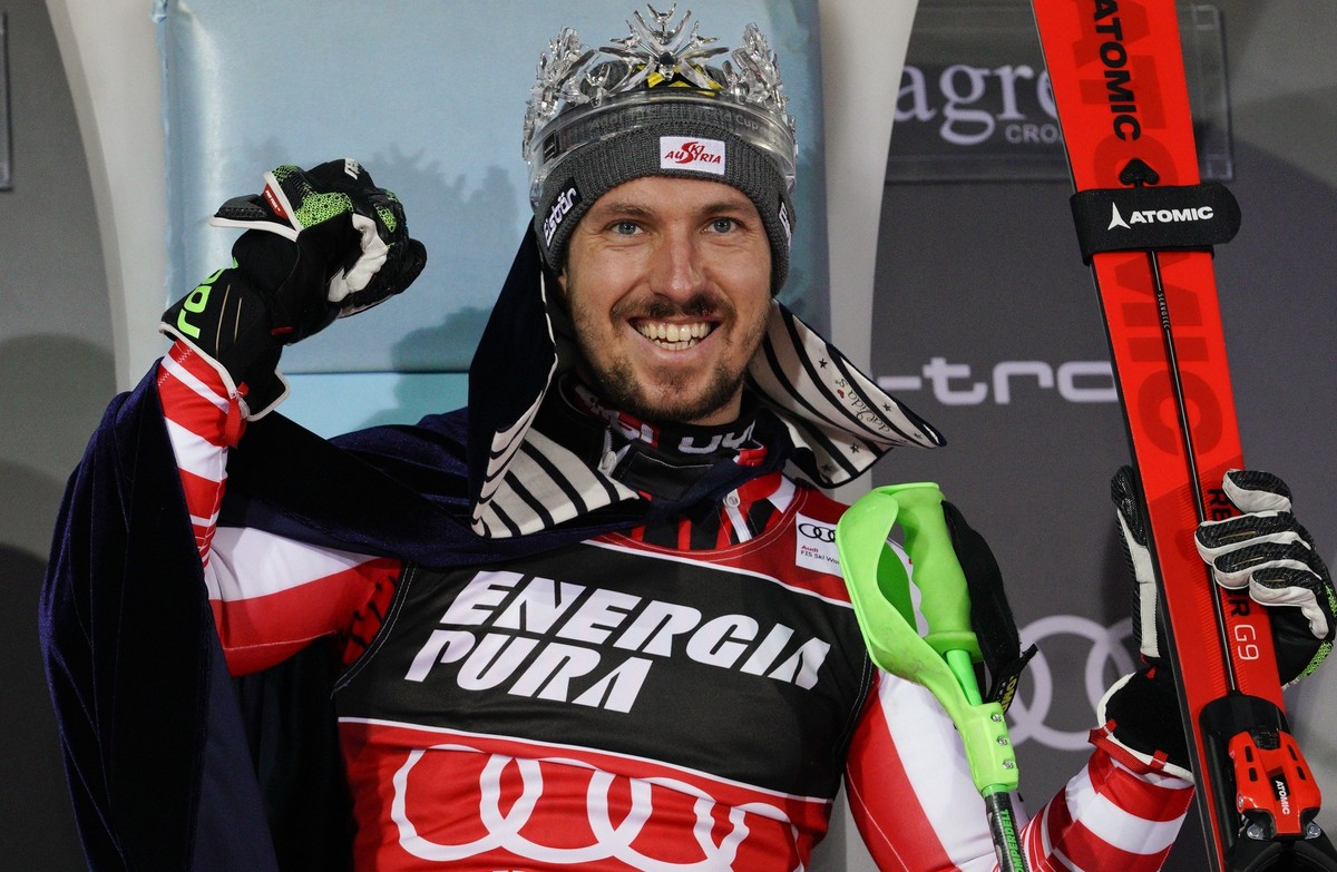 FILE - Austria's Marcel Hirscher celebrates on the podium after winning an alpine ski, men's World Cup slalom in Zagreb, Croatia, Sunday, Jan. 6, 2019. Marcel Hirscher, one of the most succe ...