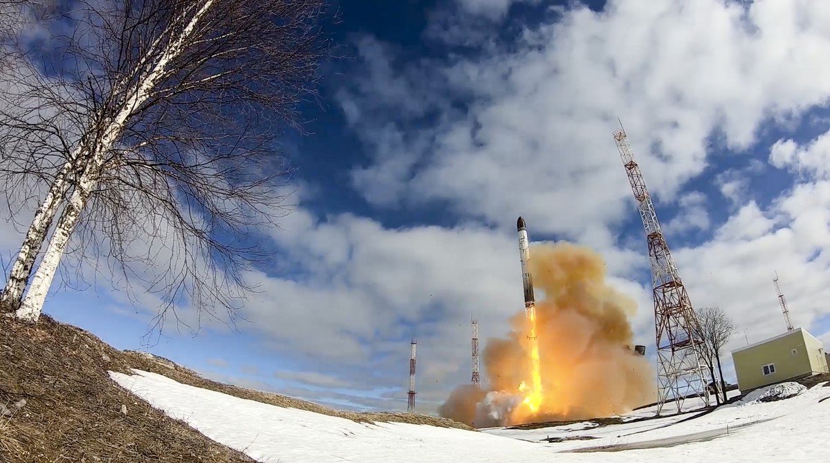 In this handout photo released by Russian Defense Ministry Press Service on Wednesday, April 20, 2022, the Sarmat intercontinental ballistic missile is launched from Plesetsk in Russia's northwes ...