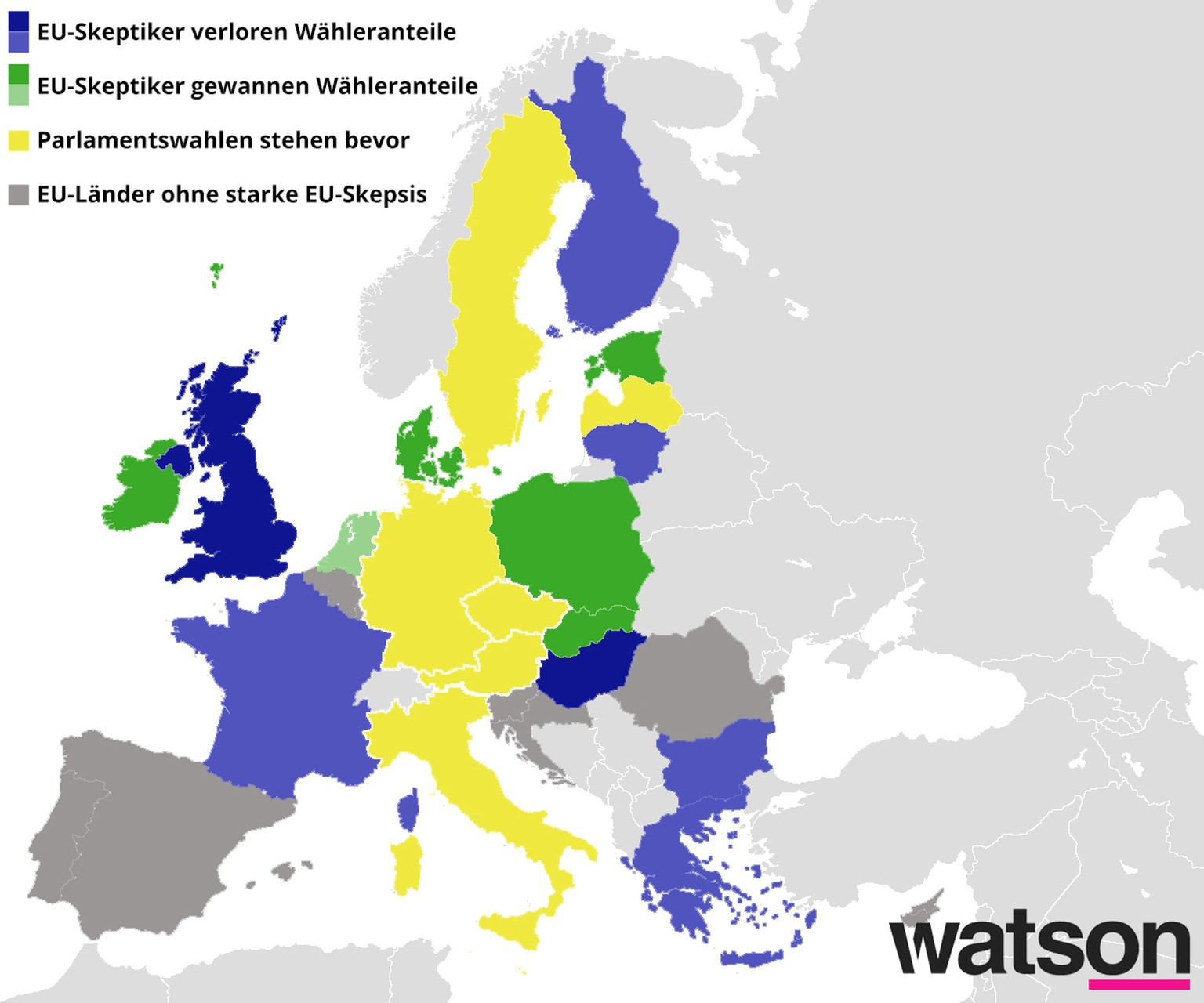 In den dunkelblauen und dunkelgrünen Ländern haben die EU-skeptischen Parteien mehr als 5 Prozent der Wähleranteile verloren beziehungsweise gewonnen.