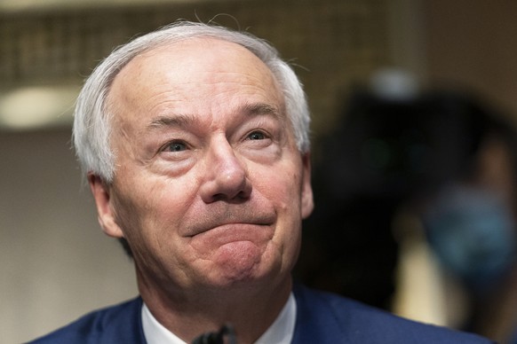 FILE - Arkansas Gov. Asa Hutchinson testifies before a Senate Judiciary Committee hearing on Capitol Hill, June 22, 2021 in Washington. On Sunday, May 1, 2022, Hutchinson said he is considering a pres ...