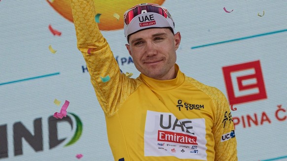 Czech Tour 2024, stage 4, Road cycling, Rad, Radsport, Strasse Marc Hirschi UAE Team Emirates on podium in yellow jersey as winner of general classification, on July 28, 2024, Sternberk, Czechia. CTKx ...