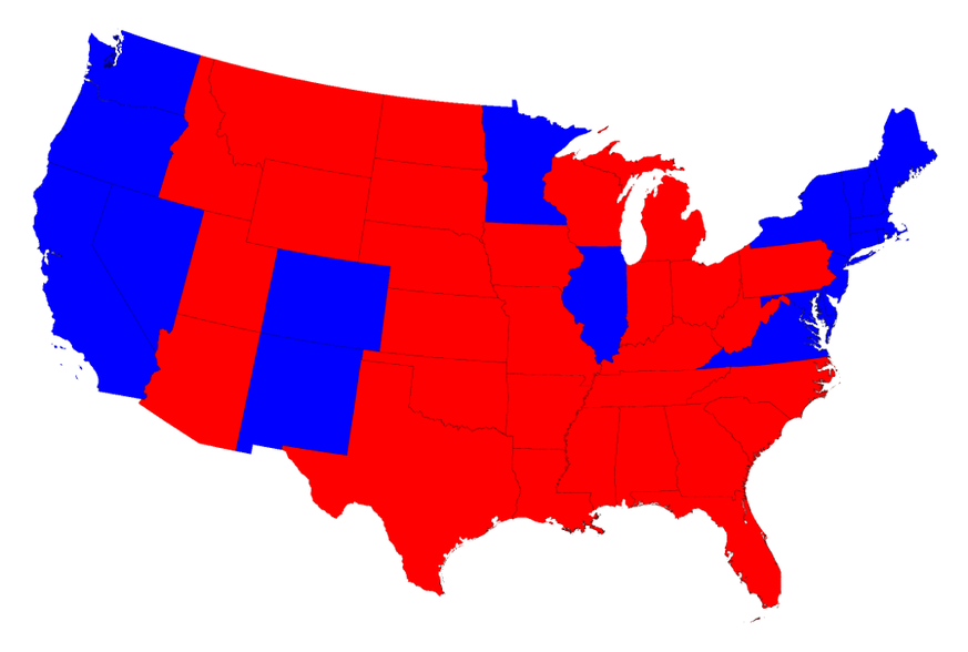 Die blau eingefärbten Bundesstaaten wurden von Clinton gewonnen, die rot gefärbten von Trump.&nbsp;