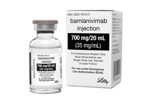 This photo provided by Eli Lilly shows the drug bamlanivimab. On Tuesday, Jan. 26, 2021, the company said that the two-antibody combo of bamlanivimab and etesevimab reduced the risk of hospitalization ...