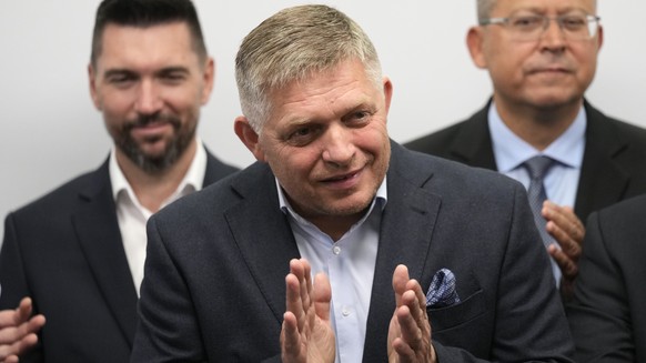 Chairman of the Smer Social Democratic Party Robert Fico, center, addresses the results of early parliamentary elections during a press conference in Bratislava, Slovakia, Sunday, October 1.  January 1, 2023. A populist...