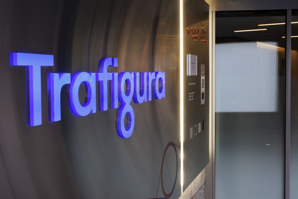 The logo of Trafigura is pictured at the entrance of Trafigura's operational center in Geneva, Switzerland, Tuesday, November 21, 2023. Trafigura is a multinational commodity (base metals and ene ...