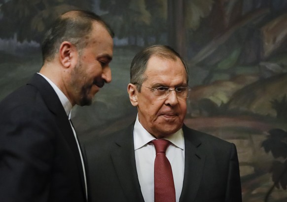 epa10548539 Iran&#039;s Foreign Minister Hossein Amirabdollahian (L) and Russian Foreign Minister Sergei Lavrov attend a joint press conference following their meeting in Moscow, Russia, 29 March 2023 ...