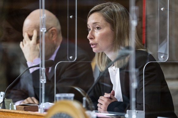 Staenderaetin Johanna Gapany, FDP-FR, spricht an der Herbstsession der Eidgenoessischen Raete, am Montag, 20. September 2021, in Bern. (KEYSTONE/Peter Schneider)