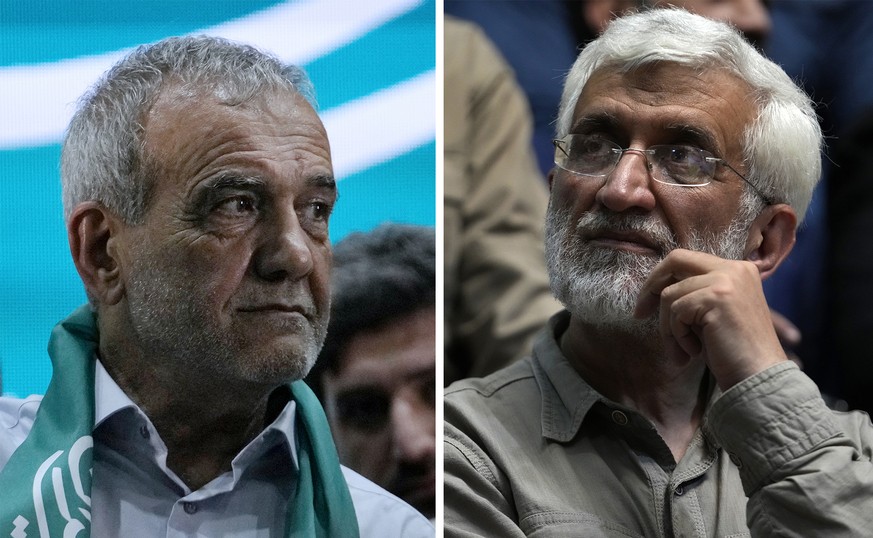 This combination of photos shows Iranian presidential election candidates Masoud Pezeshkian, left, a reformist lawmaker and a former Health Minister, and Saeed Jalili, a hard-line former senior nuclea ...