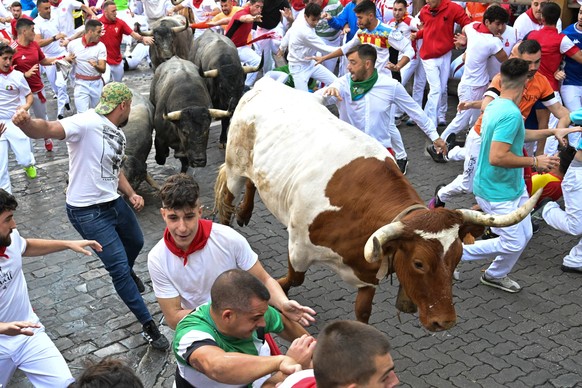 epa12233424 Runners or &#039;mozos&#039; take part in the sixth Running of the Bulls event during the San Fermin festival in Pamplona, Spain, 12 July 2025. The Sanfermines runs from 06 to 14 July. EPA ...