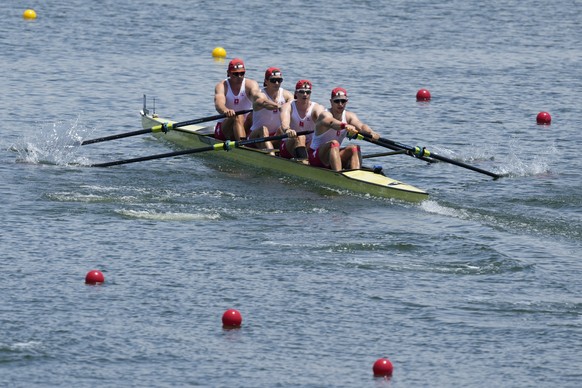 Paul Jacquot, Markus Kessler, Joel Schuerch, and Andrin Gulich, of Switzerland, compete in the men&#039;s four at the 2020 Summer Olympics, Saturday, July 24, 2021, in Tokyo, Japan. (AP Photo/Darron C ...