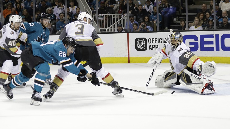 Vegas Golden Knights goaltender Marc-Andre Fleury, right, stops a shot from San Jose Sharks&#039; Timo Meier during the first period of Game 6 of an NHL hockey second-round playoff series Sunday, May  ...