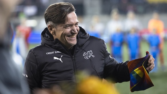 Switzerland&#039;s Danish head coach Nils Nielsen looks on prior his last game with the Swiss team, a women&#039;s international friendly soccer match between Switzerland and Denmark at the Wefox stad ...