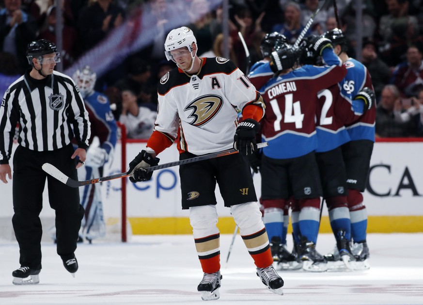 Anaheim Ducks right wing Corey Perry skates off at the end of the team&#039;s NHL hockey game against the Colorado Avalanche, Friday, Oct. 13, 2017, in Denver. Colorado won 3-1. (AP Photo/David Zalubo ...