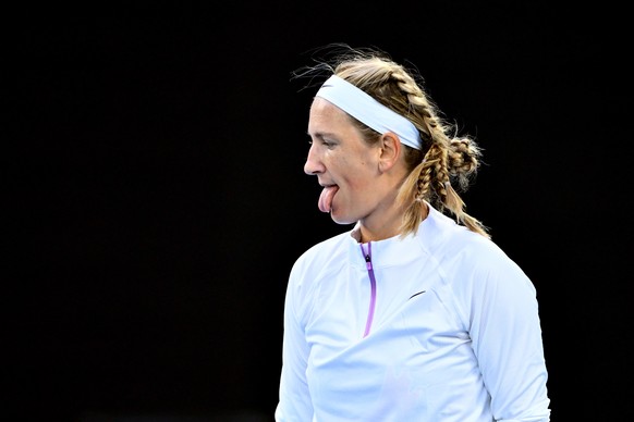 epa10417405 Victoria Azarenka of Belarus reacts during her match against Madison Keys of the USA at the 2023 Australian Open tennis tournament in Melbourne, Australia, 20 January 2023. EPA/JOEL CARRET ...