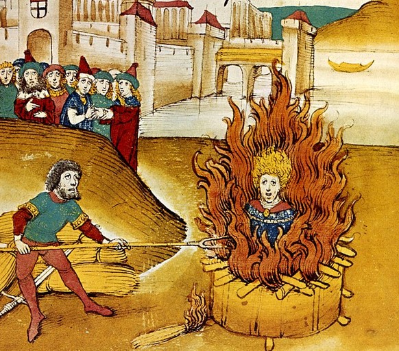 Scheiterhaufen, Verbrennung
https://de.wikipedia.org/wiki/Jan_Hus#/media/File:Spiezer_Chronik_Jan_Hus_1485.jpg