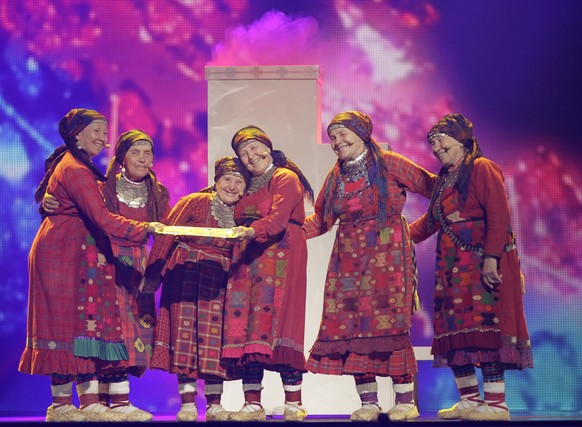 Russia entrant Buranovskiye Babushki perform during rehearsals for the 2012 Eurovision Song Contest at the Baku Crystal Hall in Baku, Azerbaijan, Monday, May 21, 2012. The final of the 2012 Eurovision ...