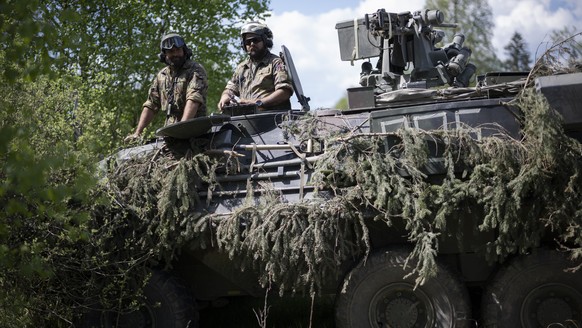 Soldaten auf einem Radschuetzenpanzer Mowag Piranha am Truppenversuch TRIAS 25 der Schweizer Armee, am Donnerstag, 1. Mai 2025, auf dem Truppenuebungsplatz in Allentsteig, Oesterreich. Die Schweizer A ...