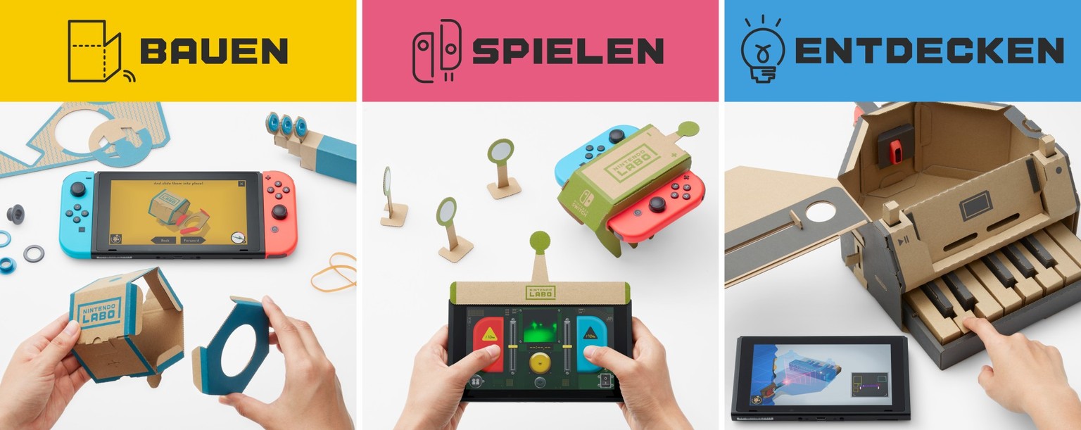 Die neuen Bastelkartons «Nintendo Labo» verwandeln Nintendos Spielkonsole Switch in ein Klavier oder Roboter oder Motorrad oder in eine Angelrute ...