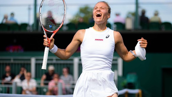 July 2, 2021: London, United Kingdom: VIKTORIJA GOLUBIC of Switzerland celebrates winning the third round of the 2021 Wimbledon Championships Grand Slam tennis tournament against M. Brengle of the Uni ...