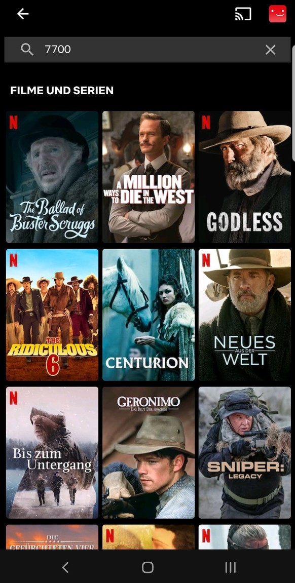 Auch in der Mobile-App zeigt der Code 7700 eine Auswahl von Western-Filmen und -Serien an. Über das Cast-Symbol (oben rechts) können die Inhalte auf einen Fernseher im gleichen WLAN gestreamt werden.