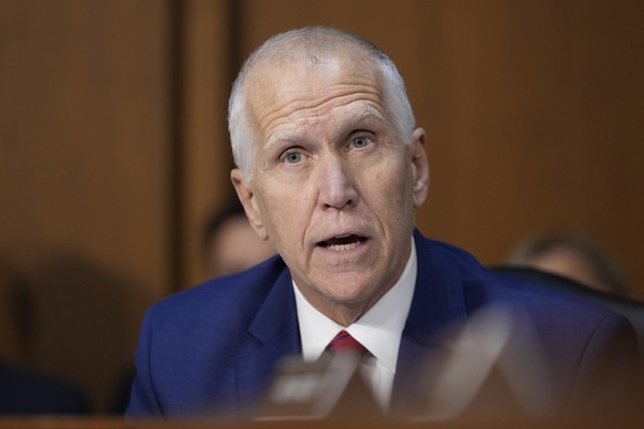 Sen. Thom Tillis, R-N.C., speaks before the Senate Judiciary Committee confirmation hearing for Kash Patel, President Donald Trump's choice to be director of the FBI, at the Capitol in Washington ...