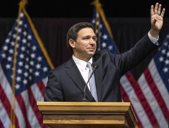 Florida Gov. Ron DeSantis speaks during the Utah Republican Party Organizing Convention at Utah Valley University in Orem, Utah, on Saturday, April 22, 2023. (Leah Hogsten/The Salt Lake Tribune via AP ...