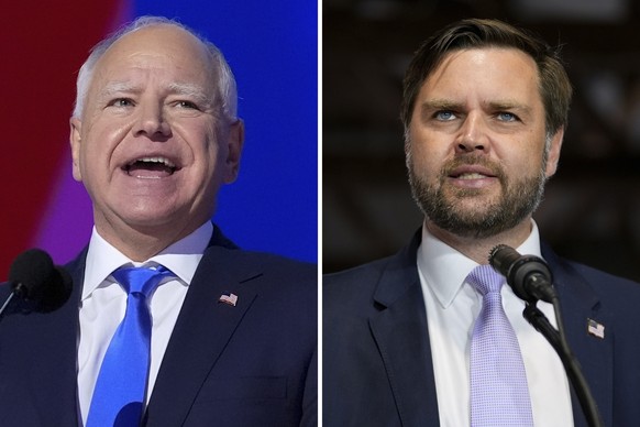 This combination of photos shows Democratic vice presidential candidate Minnesota Gov. Tim Walz, left, at the DNC on Aug. 21, 2024, in Chicago, and Republican vice presidential nominee Sen. JD Vance,  ...
