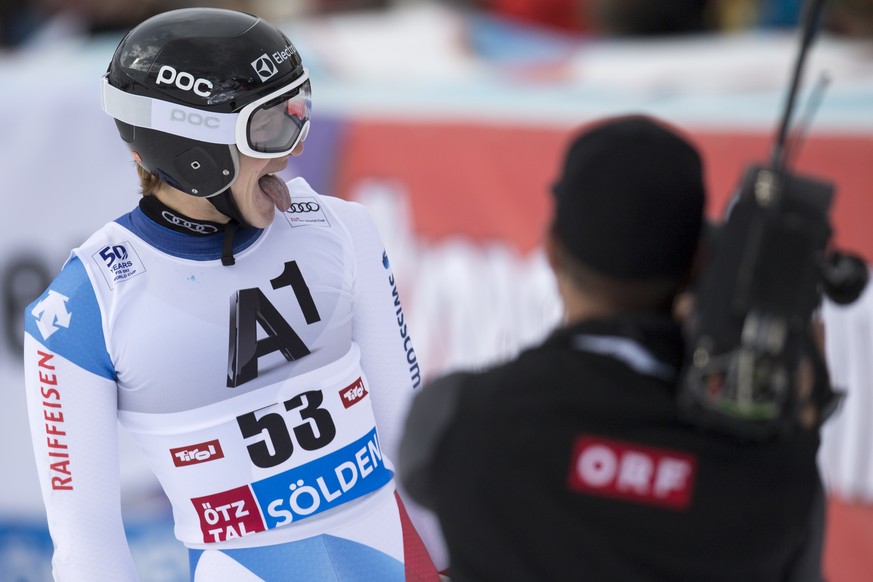 Marco Odermatt of Switzerland reacts in the finish area during the second run of the men&#039;s Giant Slalom race of the FIS Alpine Ski World Cup season on the Rettenbach glacier, in Soelden, Austria, ...