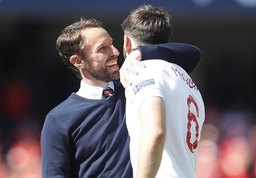 Gareth Southgate manager of England celebrates the win with Harry Maguire of England during the UEFA Nations League match at D. Afonso Henriques Stadium, Guimaraes. Picture date: 9th June 2019. Pictur ...