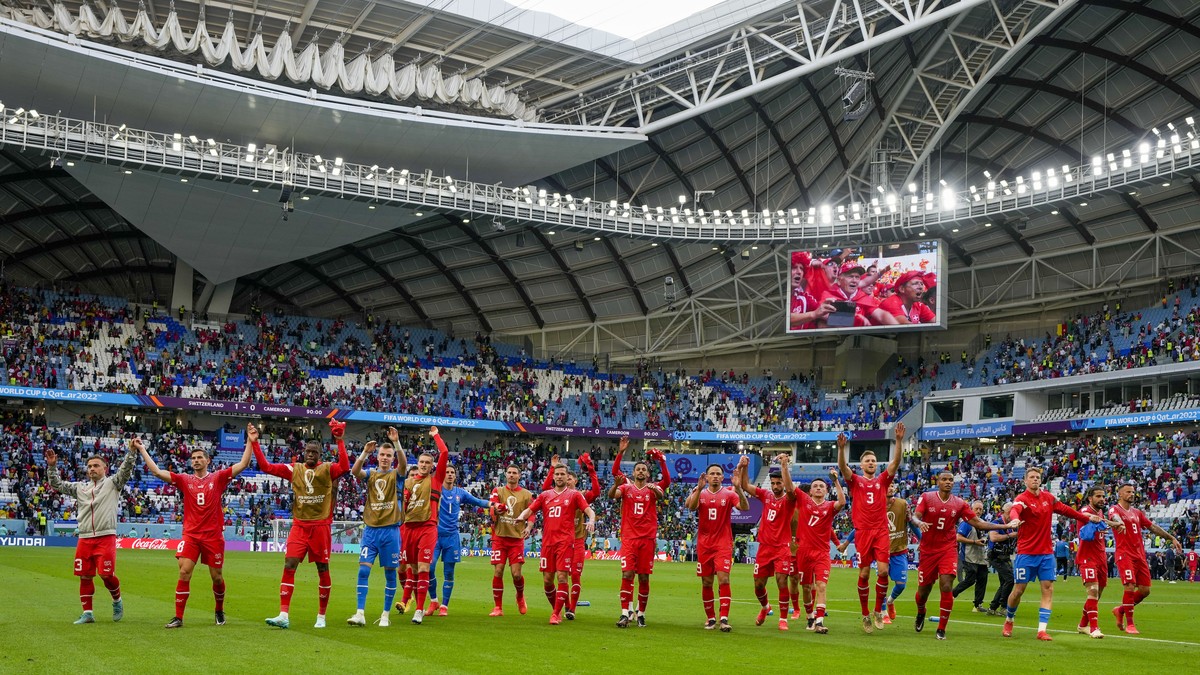 Switzerland's soccer team players celebrate their win over Cameroon in the World Cup group G, at the Al Janoub Stadium in Al Wakrah, Qatar, Thursday, Nov. 24, 2022. (AP Photo/Ricardo Mazalan)