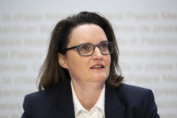 Marlene Amstad, Praesidentin des Verwaltungsrats FINMA, spricht bei der Jahresmedienkonferenz der FINMA, am Mittwoch, 20. Maerz 2024, im Medienzentrum Bundeshaus in Bern. (KEYSTONE/Anthony Anex)