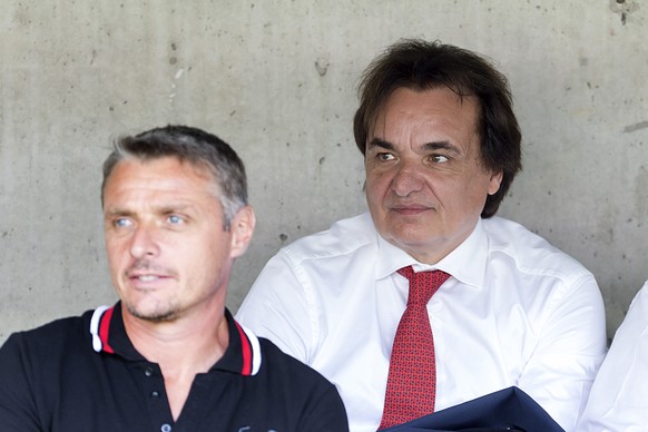 Sion&#039;s head coach Sebastien Fournier, left, and president Christian Constantin, right, during the Swiss Cup final soccer match between FC Basel 1893 and FC Sion at the stade de Geneve stadium, in ...