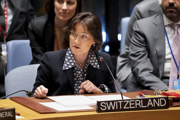 Pascale Christine Baeriswyl, Ambassador of Switzerland to the United Nations, speaks during a meeting of the UN Security Council, Monday, April 24, 2023, at United Nations Headquarters.  (AP Photo/J...