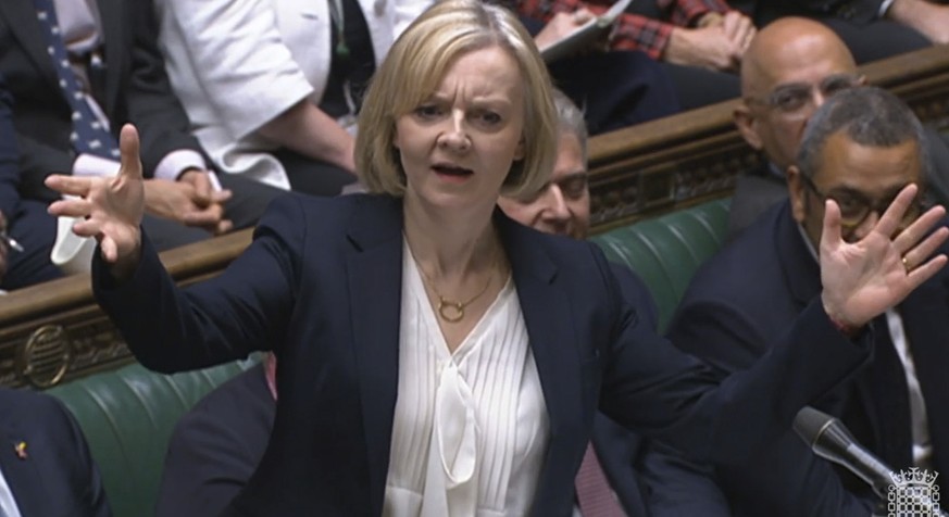 In this grab taken from video from the House of Commons, Prime Minister Liz Truss speaks during Prime Minister&#039;s Questions in the House of Commons in London, Wednesday Oct. 19, 2022. (House of Co ...
