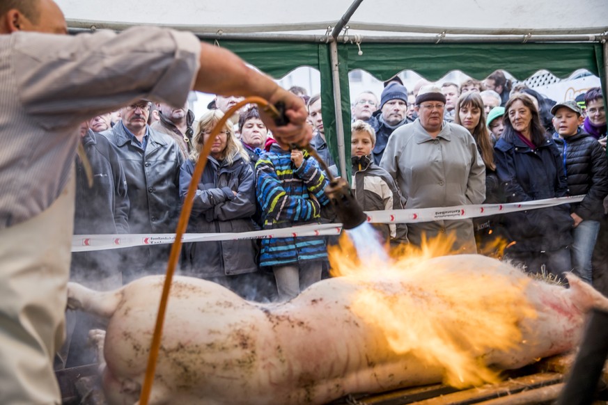 Besucher verfolgen die Hausmetzgete am Samstag, den 28. Oktober 2017, in Sissach. Die Metzgerei Haering zeigt in einem Hinterhof an zwei Schweinen die Hausmetzgete wie sie frueher Tradition war. (KEYS ...