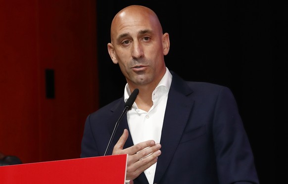 The president of the Spanish soccer federation Luis Rubiales speaks during an emergency general assembly meeting in Las Rozas, Friday Aug. 25, 2023. Rubiales has refused to resign despite an uproar fo ...