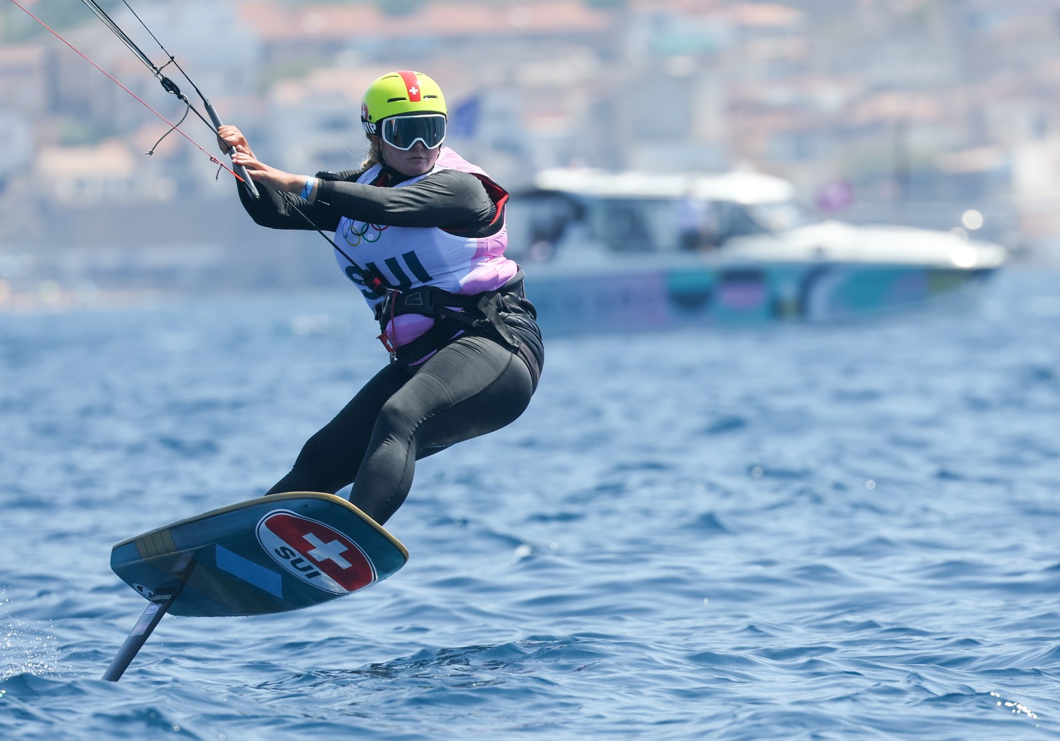 epa11531078 Elena Lengwiler of Switzerland in action during the Women Kite event of the Sailing competitions in the Paris 2024 Olympic Games, at the Marseille Marina in Marseille, France, 06August 202 ...
