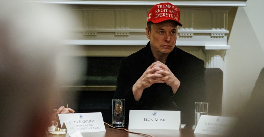 epa11985763 Elon Musk, CEO of Tesla and senior advisor to the president of the United States, attends a meeting with President Trump and members of his cabinet in the White House Cabinet Room in Washi ...
