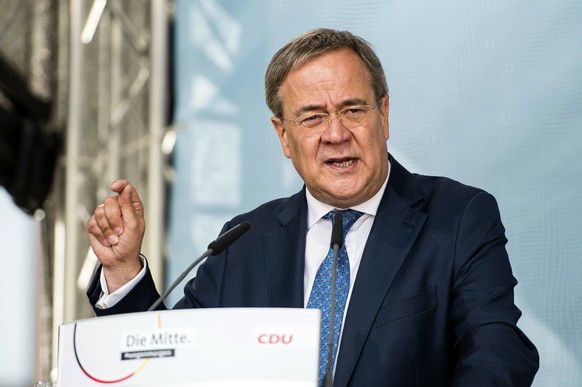 CDU candidate for chancellor Armin Laschet speaks at an election campaign event in St Wendel, Germany, Wednesday, Sept. 22, 2021. German voters elect a new parliament on Sept. 26 in a vote that will d ...